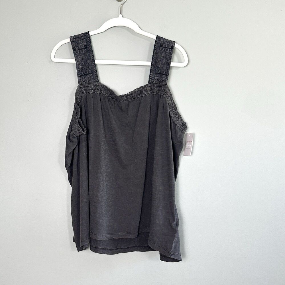 Lucky Brand Embroidered Tank Top Babydoll Womens XL Gray Boho Flowy Festival